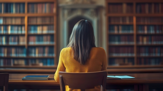 図書館で勉強する女性