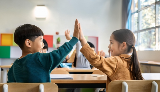 教室でハイタッチする子ども達