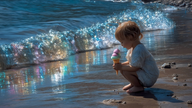 波とアイスと子ども