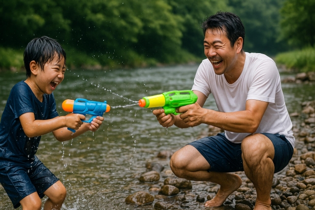 河原で水鉄砲