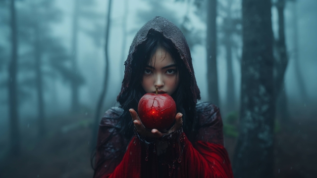 赤いリンゴを持つ女性