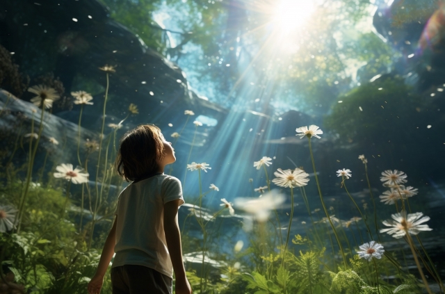 子供と幻想的な庭