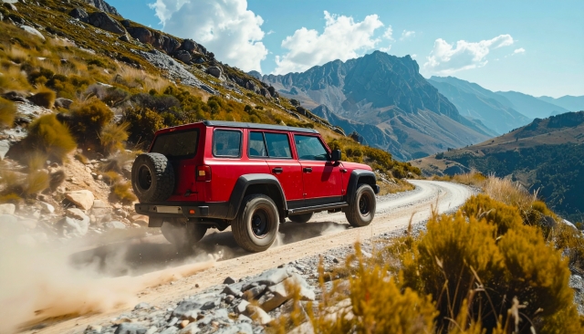 山道を走るジープ
