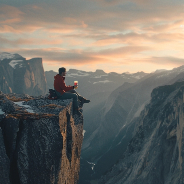 崖っぷちでドリンクを飲む男性