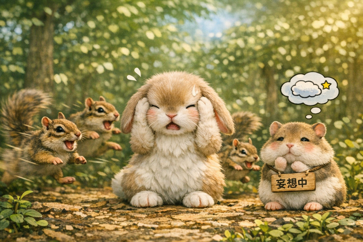 森で遊ぶリスとうさぎとハムスター