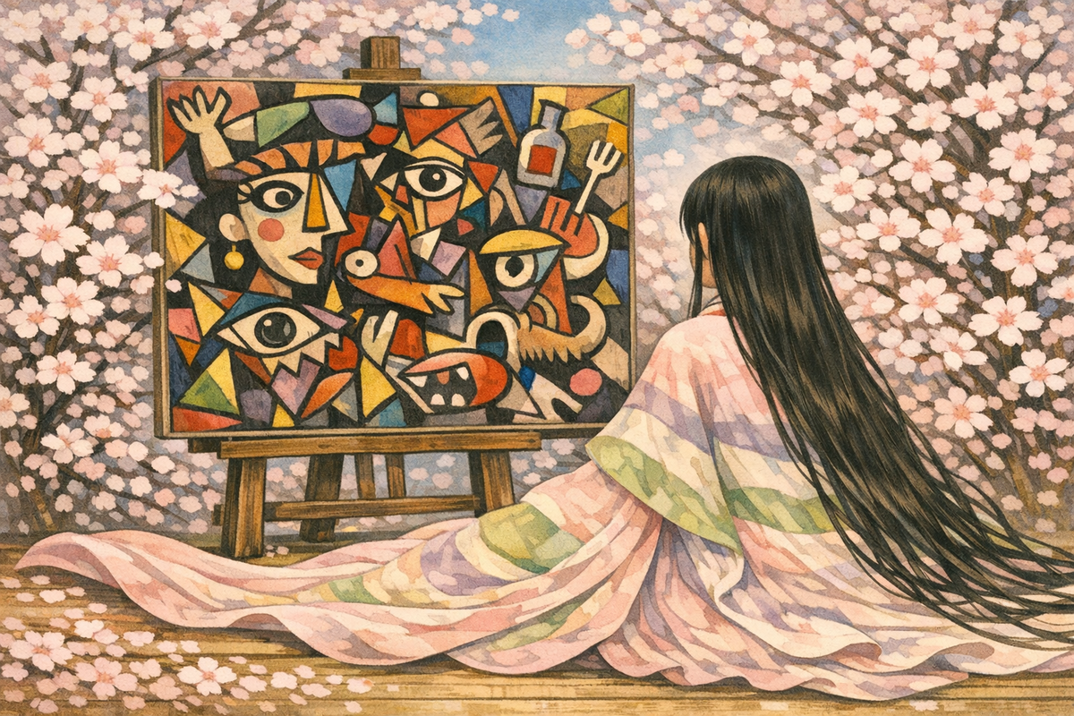 十二単の女性とピカソの絵