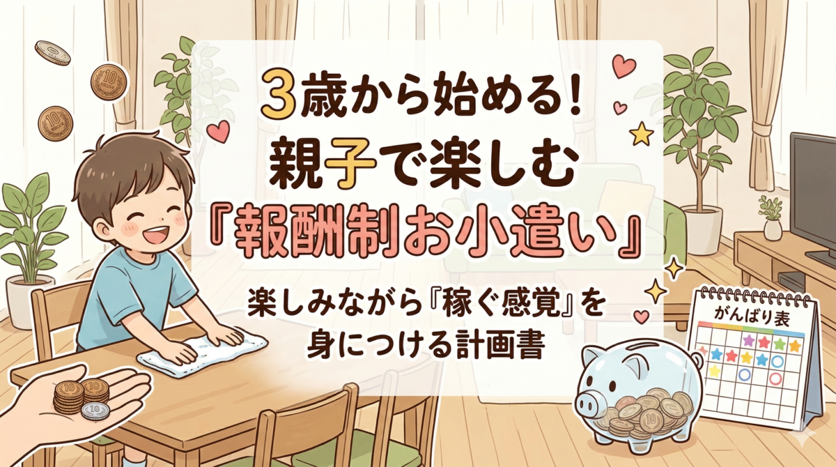 3歳から始める報酬制お小遣いの仕組み。お手伝いをして貯金箱に10円を貯める笑顔の子供とがんばり表のイラスト