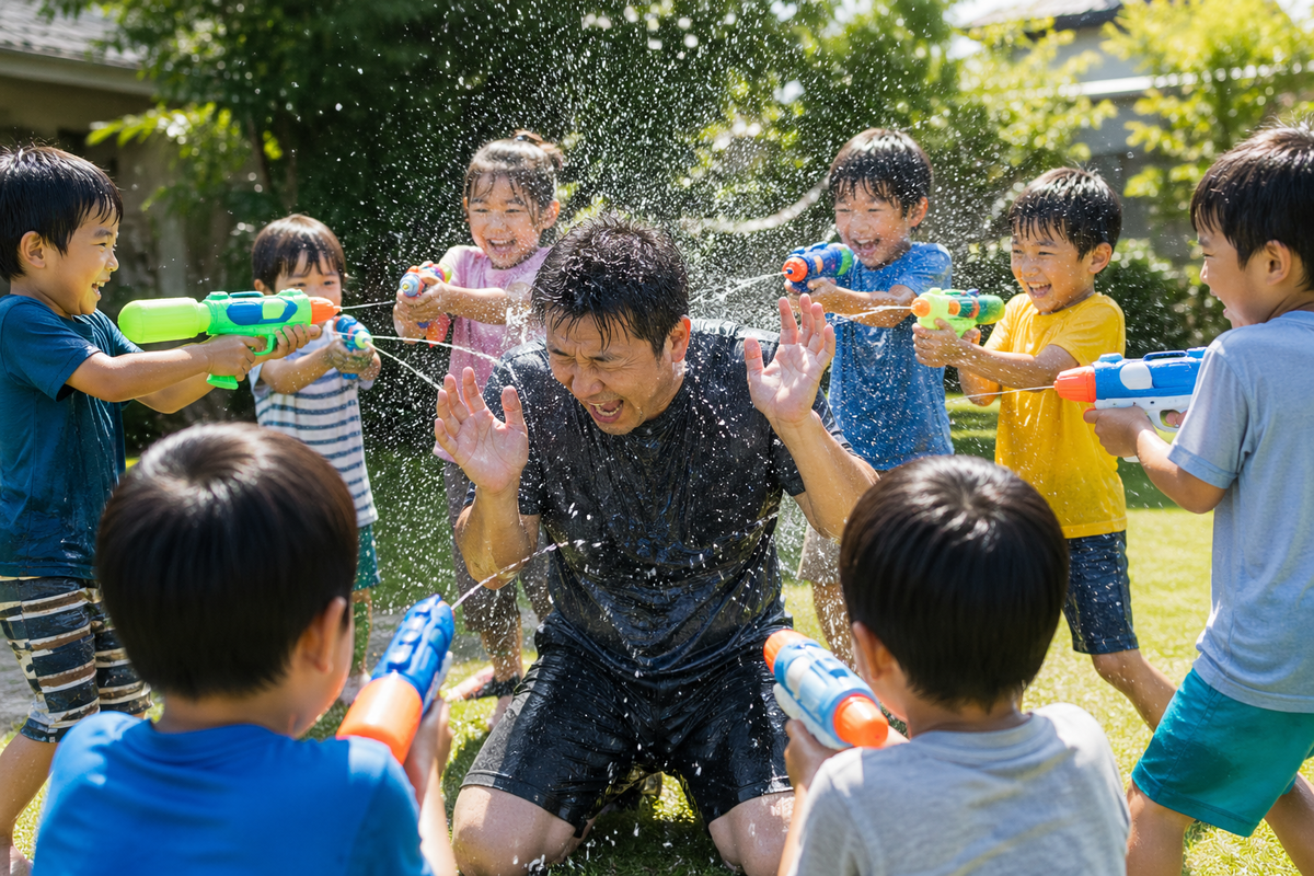 子どもたちから水鉄砲の集中砲火を浴びるお父さん
