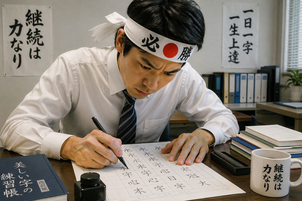 気合を入れて字をうまく書く練習をする男