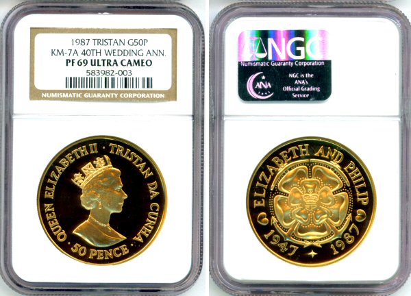 イギリス領トリスタンダクーニャ島 1987年 50ペンス金貨 NGC PF69-