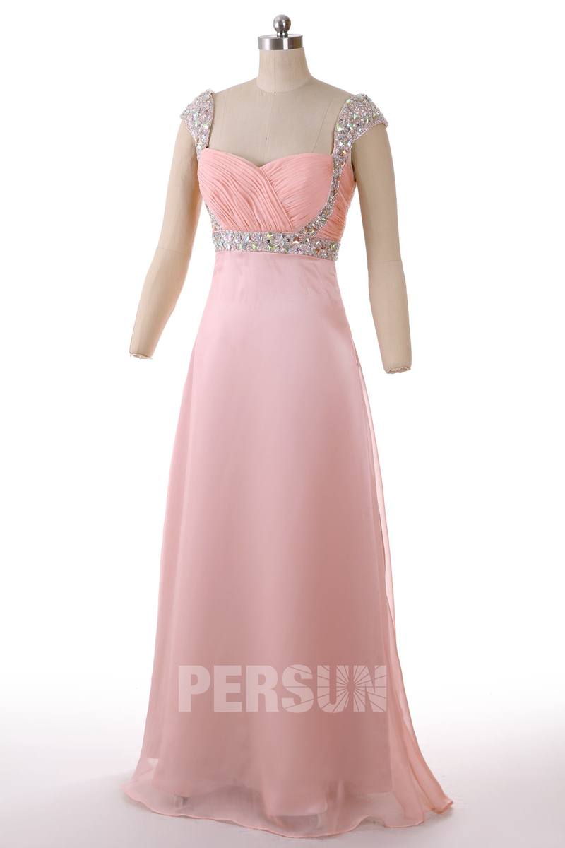 robe de soirée rose longue avec bretelle orné de strass