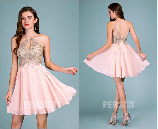 robe de soirée rose courte col américain appliqué