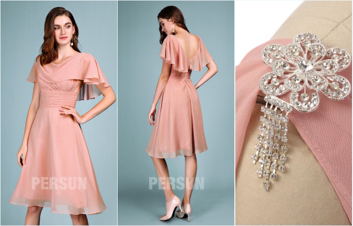 robe de soirée rose simple courte 2019 orné de broche
