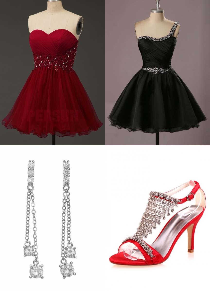 robe de bal évasées colorées courtes & boucles d'oreille & sandales rouge ornées de strass