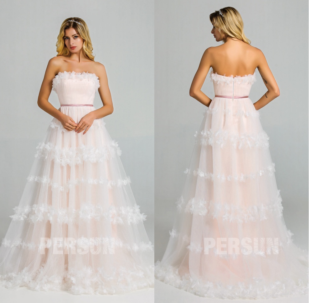 robe mariée bustier droit doublure rose fleurs 3D