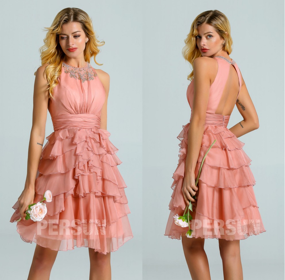 robe courte rose saumon à dos ouvert jupe volants pour mariage