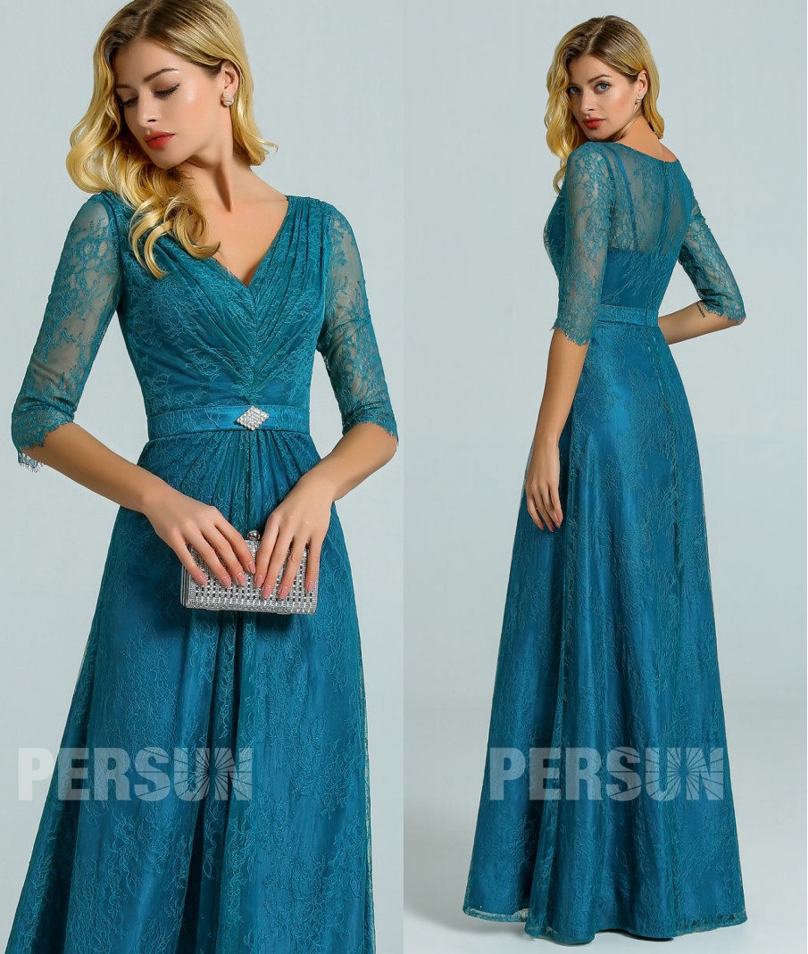 robe dentelle vert pin col v pour invitée mariage avec manches