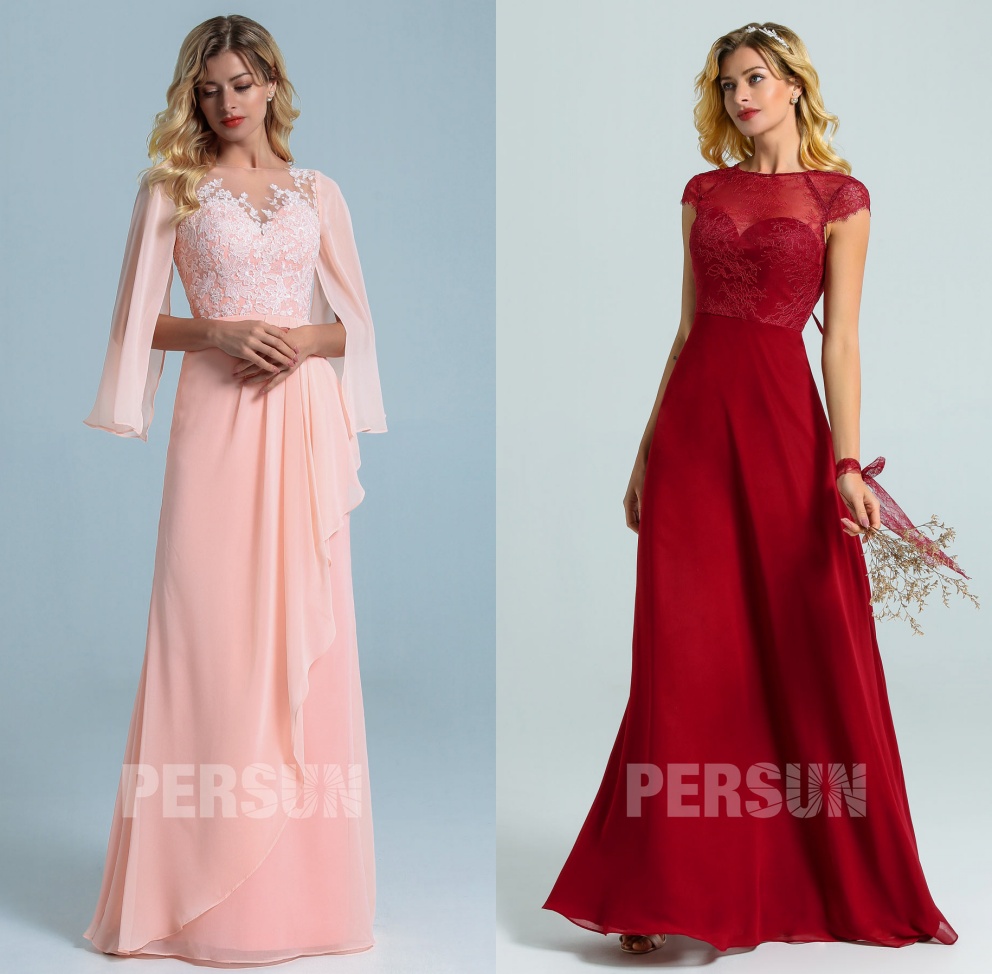 robe soirée longue rose & bordeaux haut dentelle avec manches