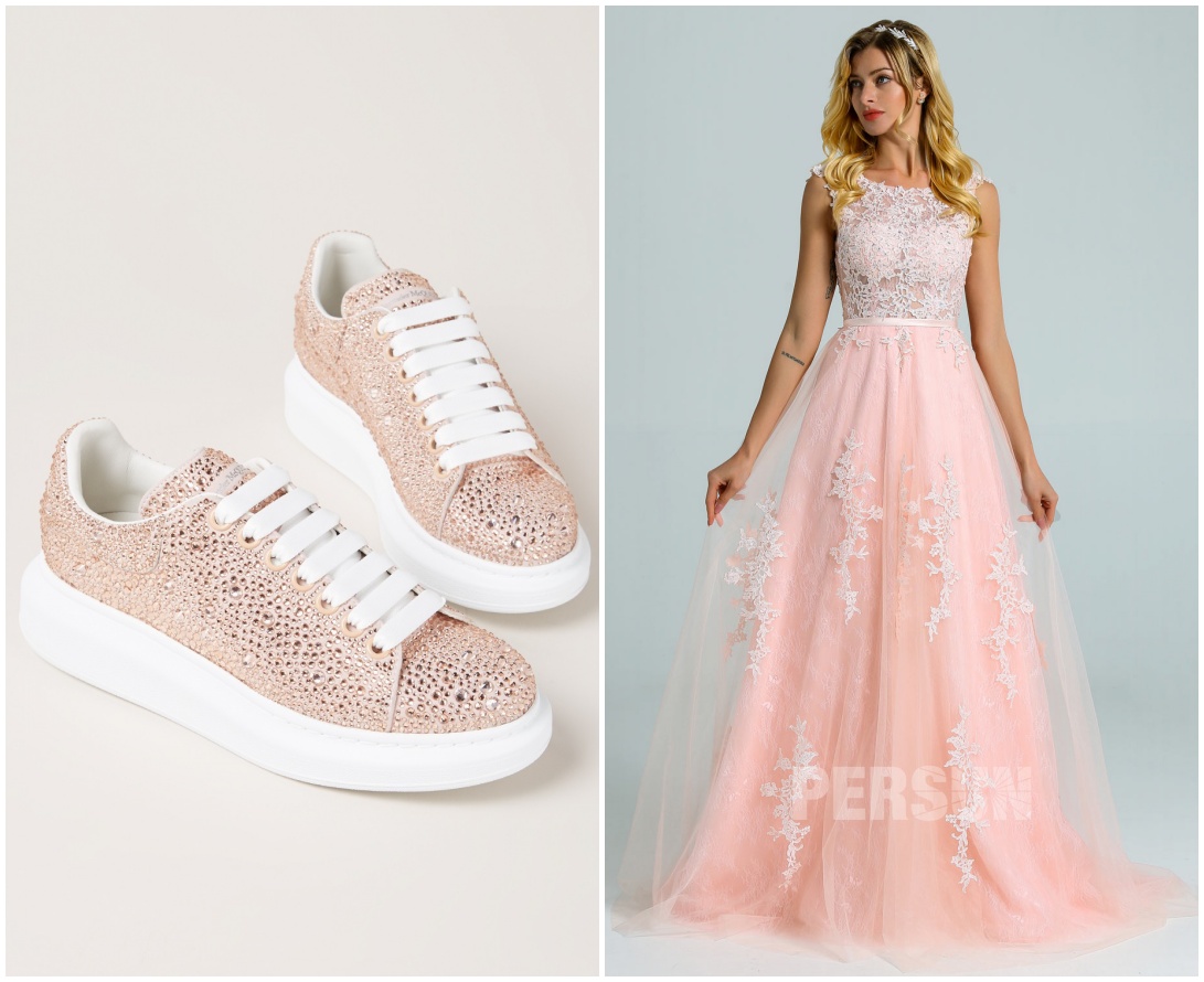sneaker rose avec strass & robe mariée rose perle dentelle