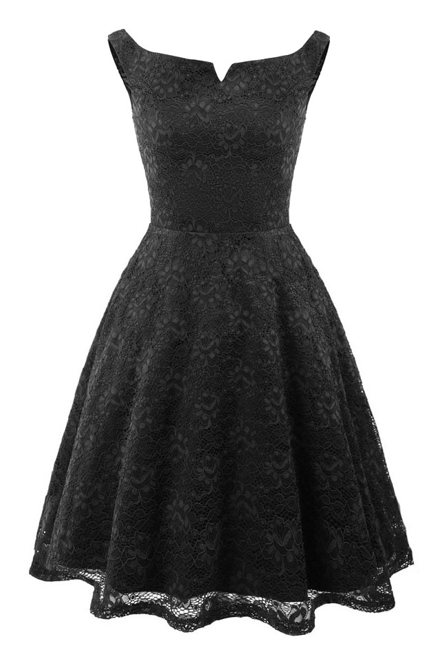 petite robe noire dentelle col bardot jupe évasée