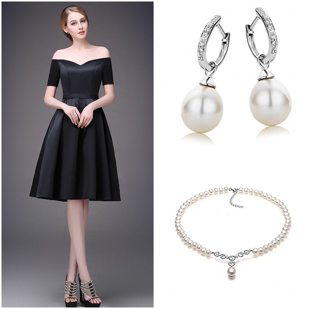 bijoux pour petite robe noire en satin col bardot