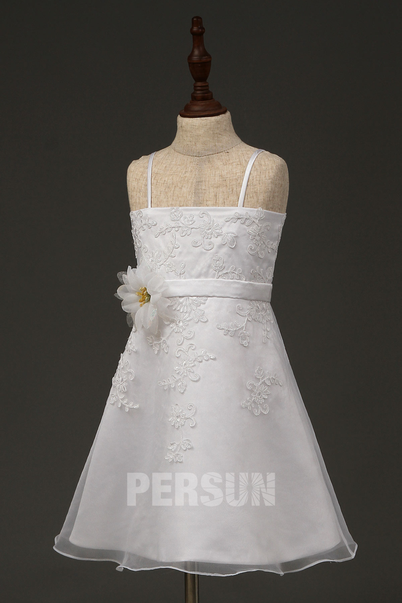 robe cortège fille en organza appliquée de dentelle avec bretelles fines