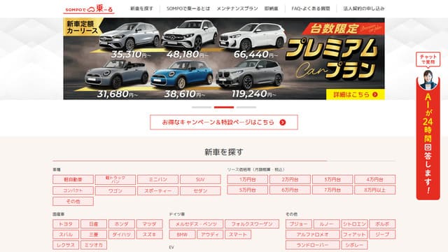 SOMPOで乗ーる、カーリース、車、持っていない、男、無理