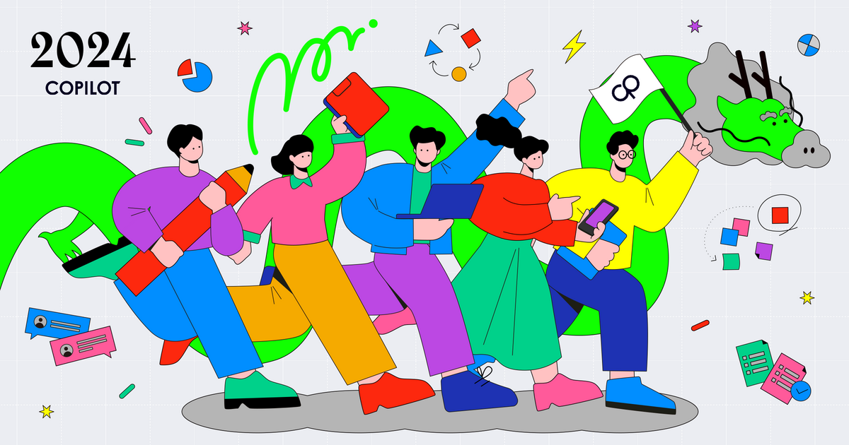 コパイロツトの2024年の新年挨拶画像。龍と5人のメンバーが共に走っている様子が描かれている。