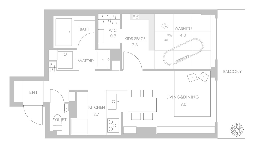 4人家族が住む1LDKの間取図 4人家族が住む1LDKの間取図