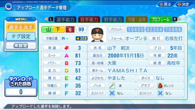 2023年山下航汰(パワプロ2023) - 三日月のぱわぶろ