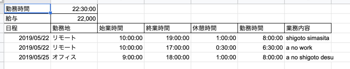 f:id:crittoo96:20190521194006p:plain 従業員Aのスプレッドシート