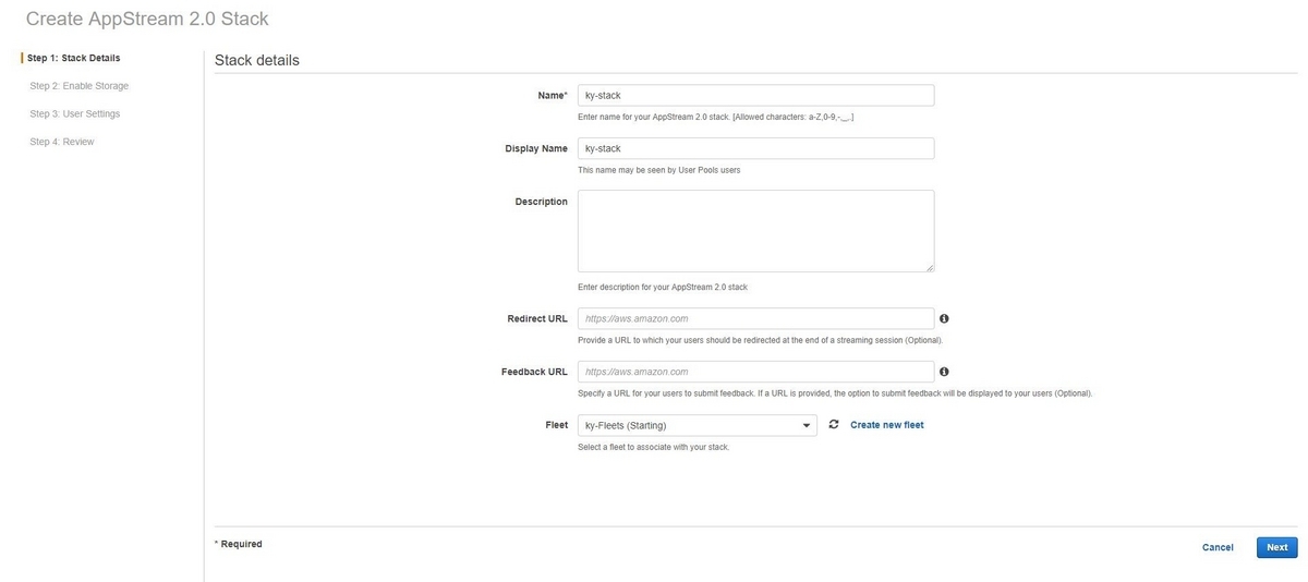 Amazon AppStream 2.0 Create Stack