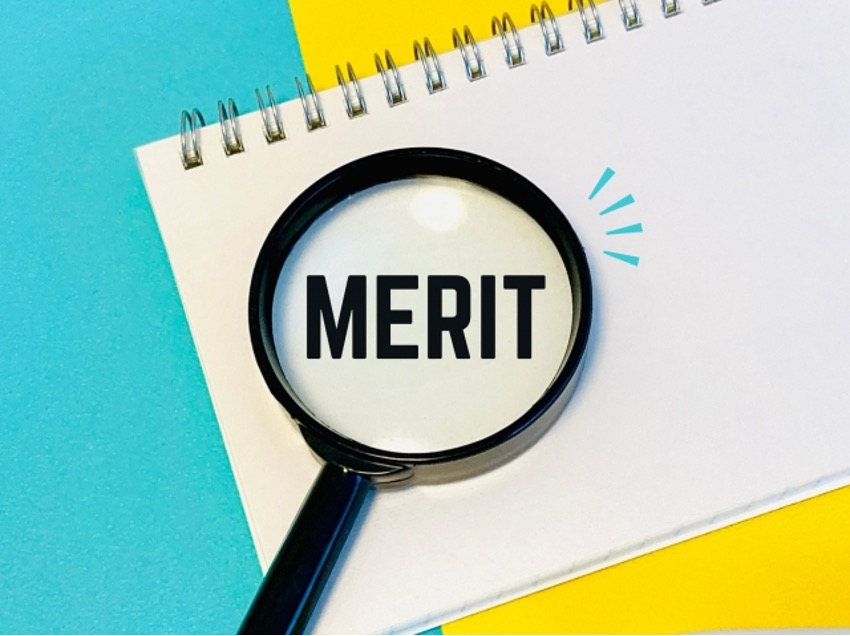 MERITの文字と虫眼鏡