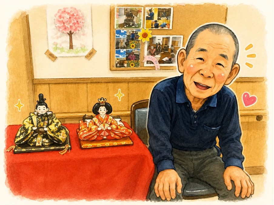雛人形の横で微笑む男性のイラスト