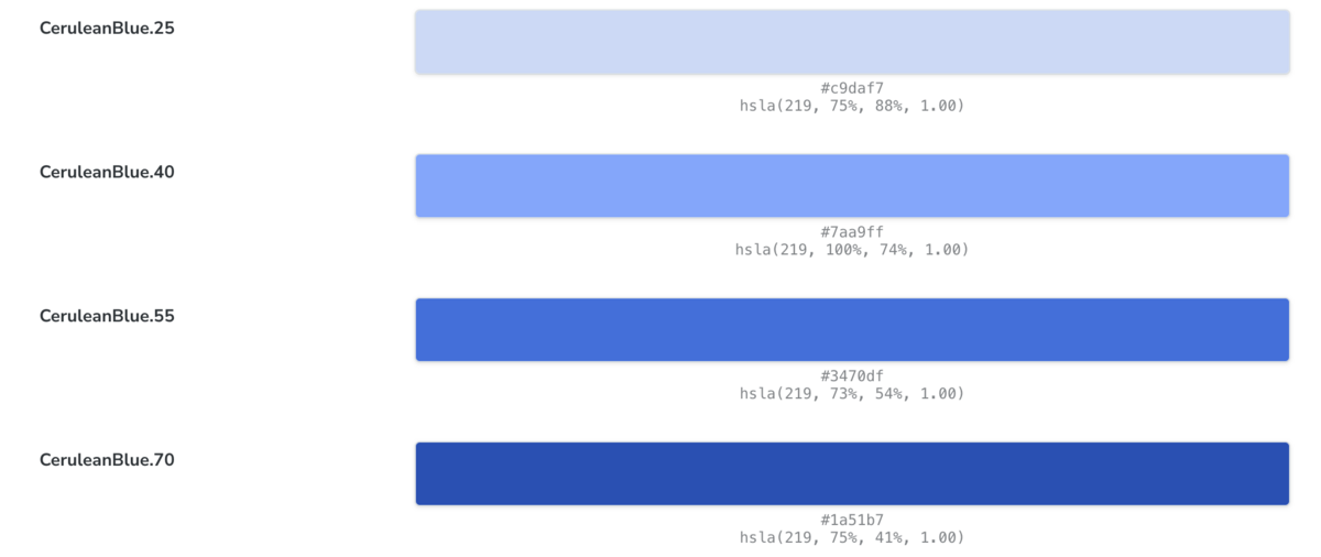 CeruleanBlueと名付けられた青系のカラーパレット。濃淡に応じて色が区切られている。