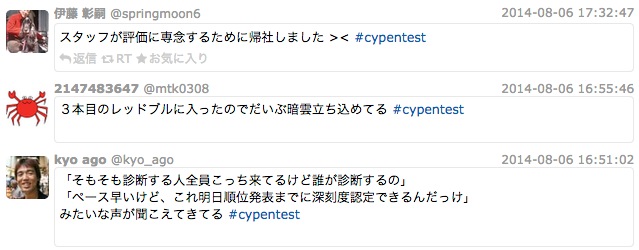 バグハン合宿の関連ツイート「『そもそも診断する人全員こっち来てるけど誰が診断するの』『ペース早いけど、これ明日順位発表までに深刻度認定できるんだっけ』みたいな声が聞こえてくる」「3本目のレッドブルに入ったのでだいぶ暗雲立ちこめてる」「スタッフが評価に専念するために帰社しました><」