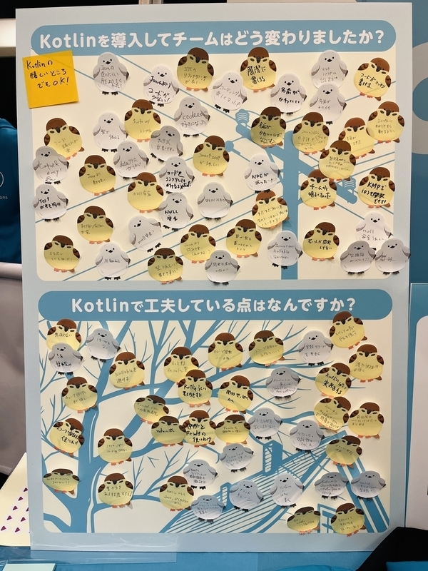 アンケートパネルには小鳥の付箋にKotlinに関するアンケートの回答が貼られている