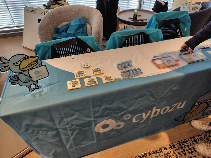 ハシコウの大きなアクスタが置いてある机に、ハシコウステッカーやW3Cステッカー、ハシコウアクキー、Cybozu Officeの付箋などが置かれている。