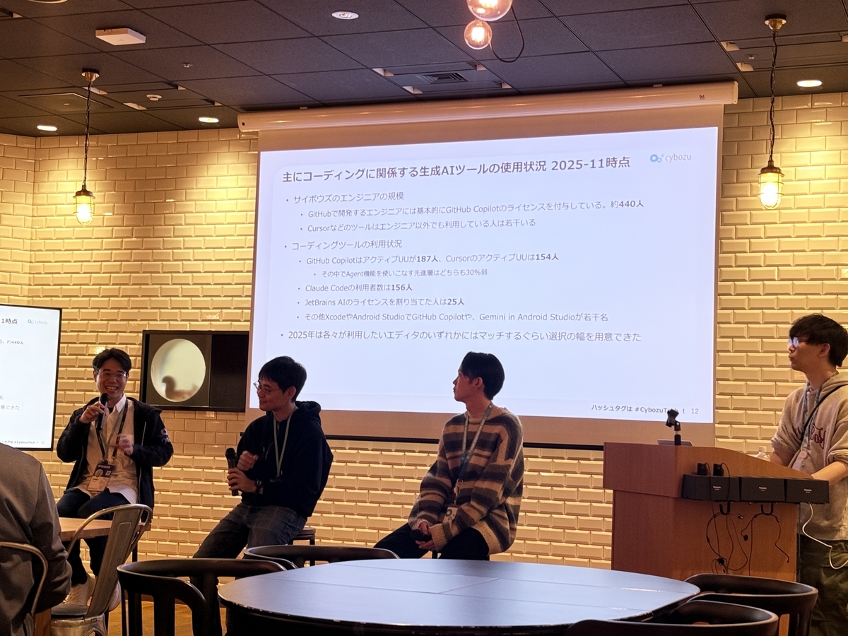 社内のAIツール利用状況について説明する加瀬さん(左)、開発本部長の鉄平さん(中央左)、プロダクトエンジニアdaikiさん(中央右)、MC岡田さん(右)