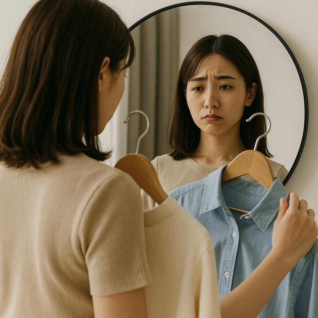 鏡の前で2着の洋服を持って、今日はどちらにしようか悩んでる20代女性の画像