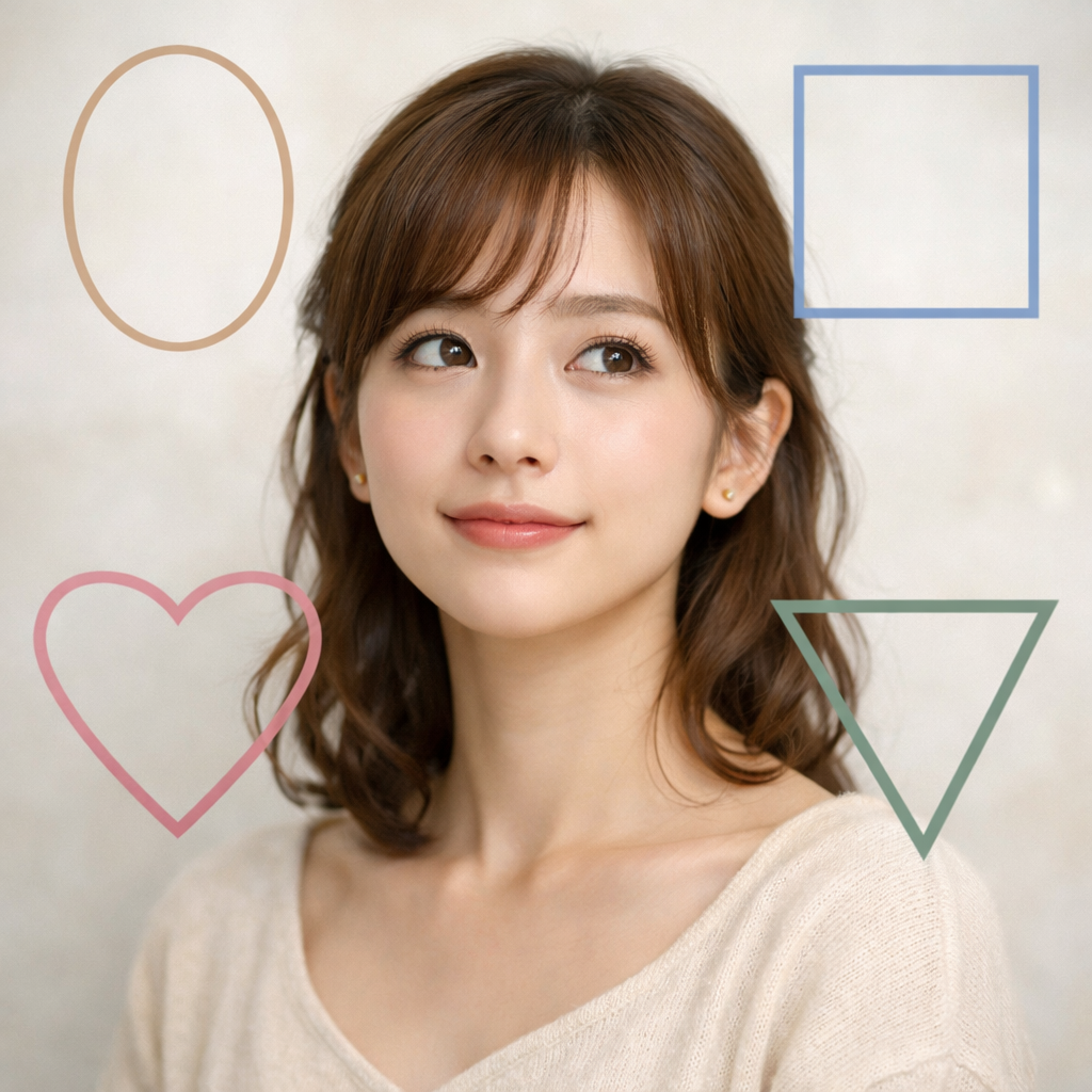 「パーソナルカラー診断で顔型を客観視するイメージ｜20代女性の顔の周囲に複数の顔型図形を配置」