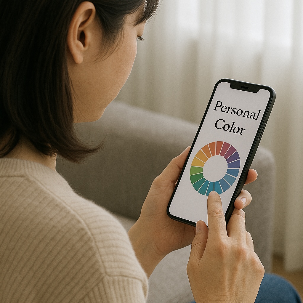 スマートフォンで自己診断をしている女性の様子（主観で色を判断するイメージ）