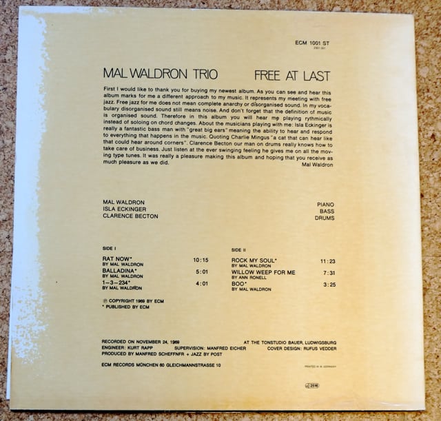 ECM1001) Mal Waldron: Free At Last (1969) 音の美しさと