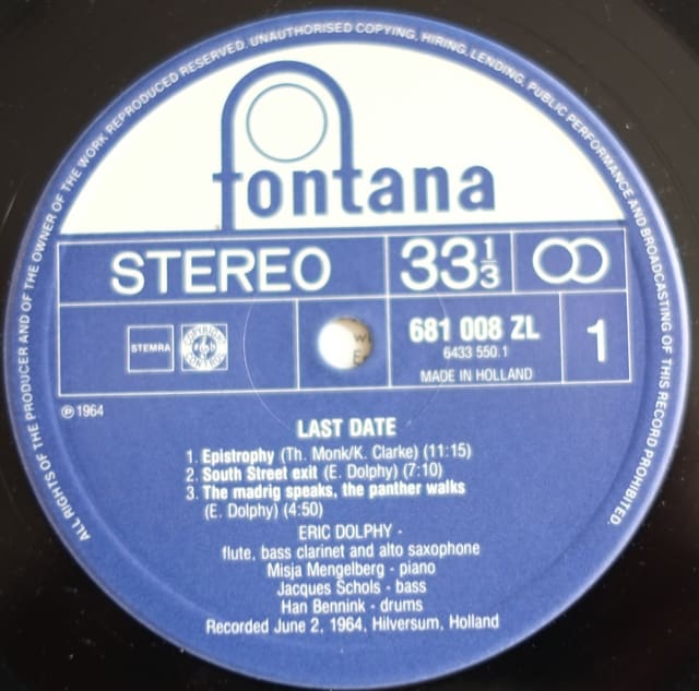2枚のLast Date (Eric Dolphy）そして謎のFontanaステレオ盤