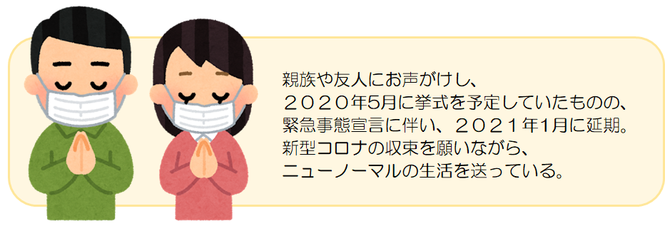親族や友人にお声がけし、 ２０２０年5月に挙式を予定していたものの、 緊急事態宣言に伴い、２０２１年1月に延期。 新型コロナの収束を願いながら、 ニューノーマルの生活を送っている。