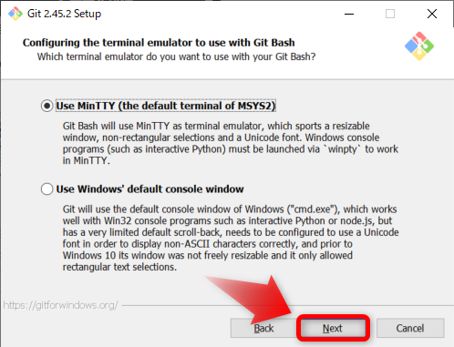Git BASHで使うコンソールの選択