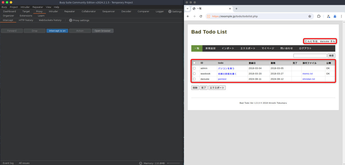 Cookieを差し替えてBad Todoをアクセスしたところ