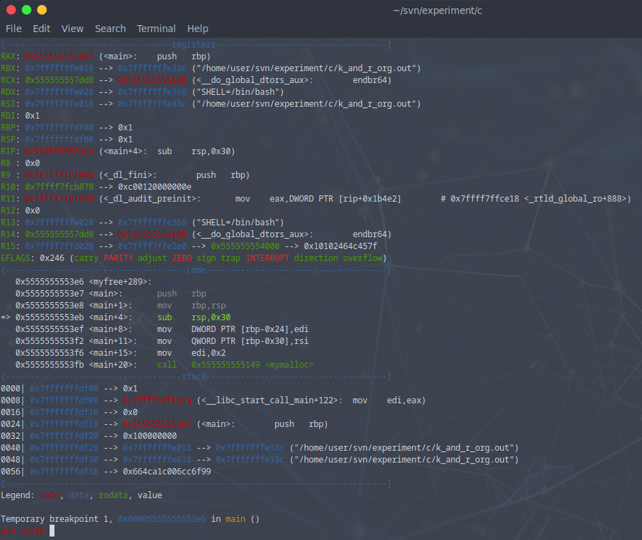 gdb-pedaでstartを実行したところ
