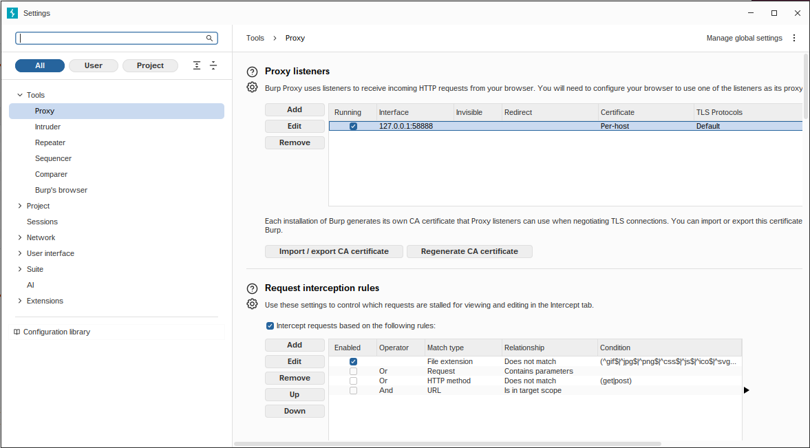 Burp Suite：Proxy settings （変更後）