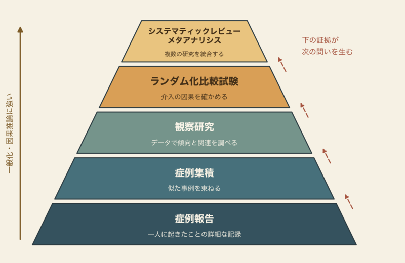 症例報告から症例集積、観察研究、ランダム化比較試験、メタアナリシスへ積み上がるエビデンスヒエラルキーの図。上へ行くほど一般化と因果推論に強く、下の証拠が次の問いを生む